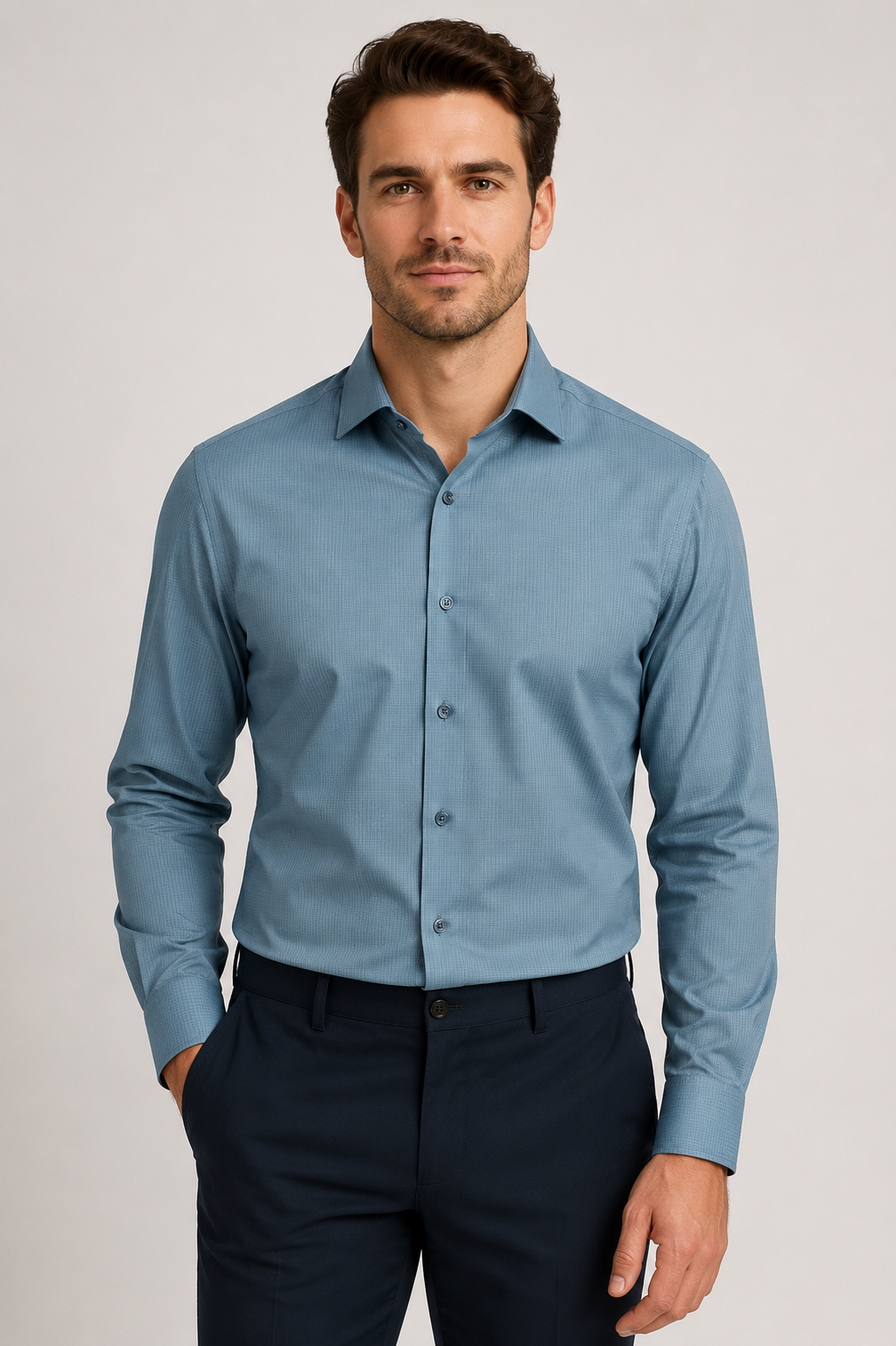 Camisa Social Ciano Quadriculado em Fibra de Bambu