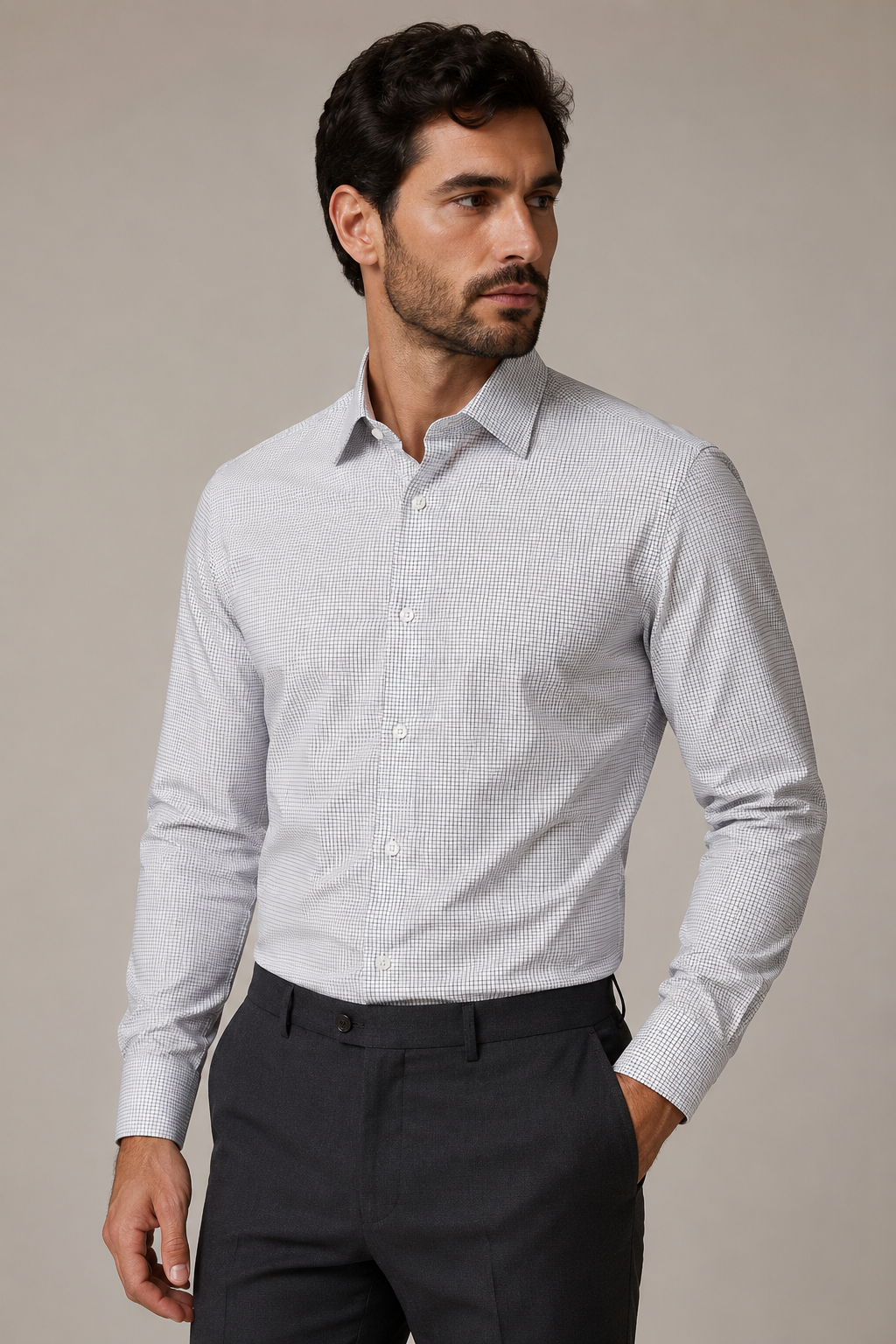 Camisa Social Branca Quadriculado Preto