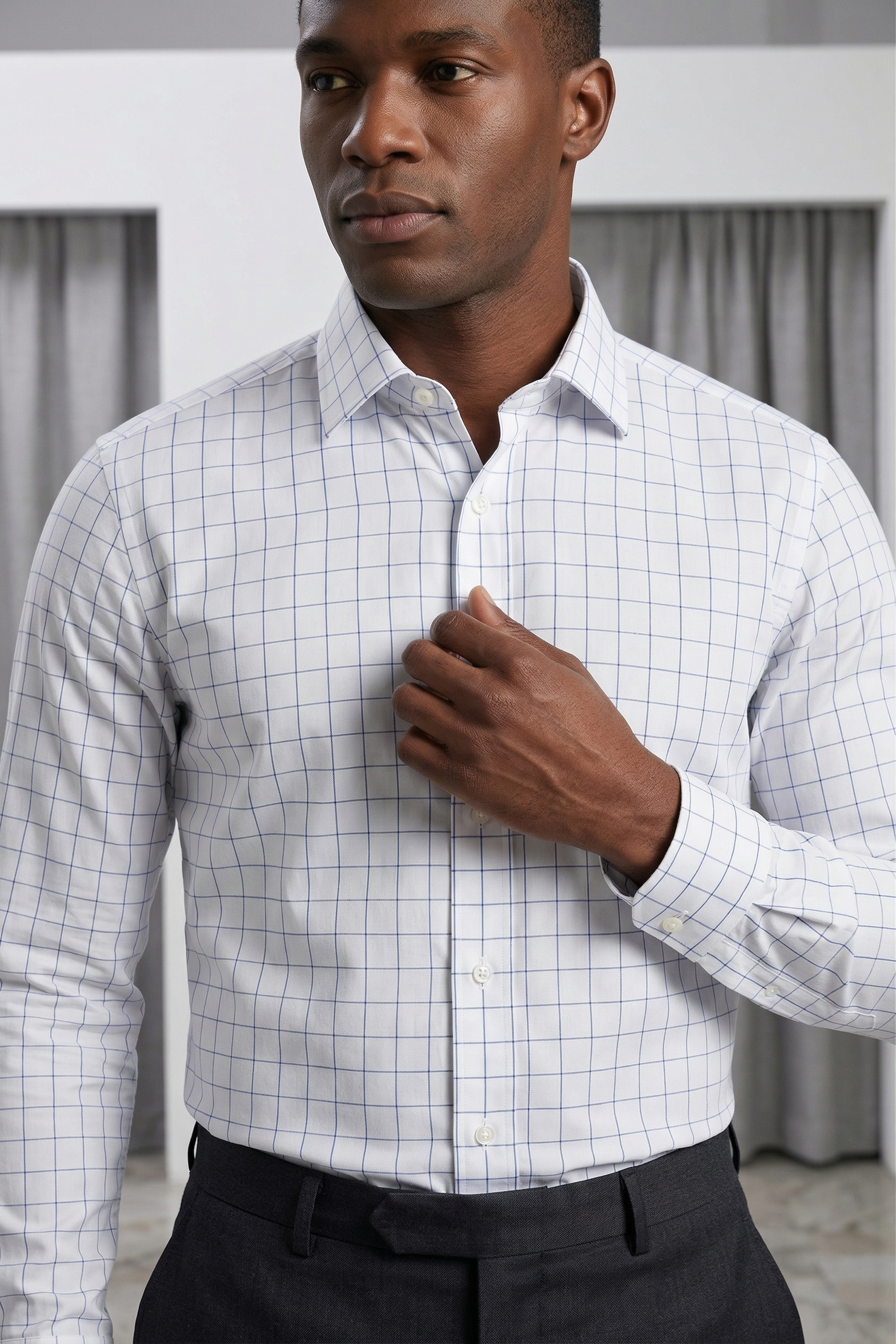 Camisa Social Masculina Quadrile Branca com Azul