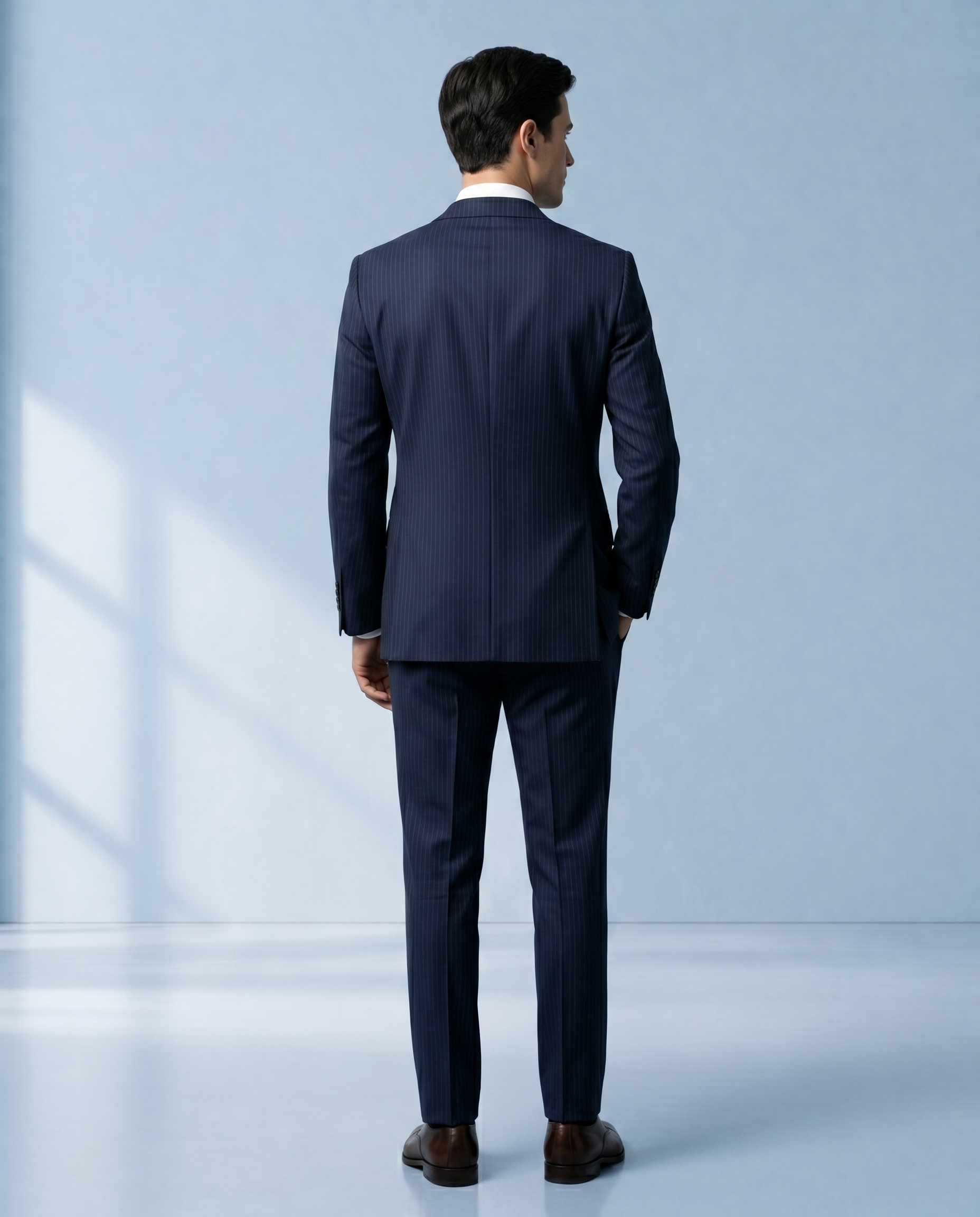 Costume Poliviscose Lapela de Bico Italiano Azul Marinho Risca de Giz