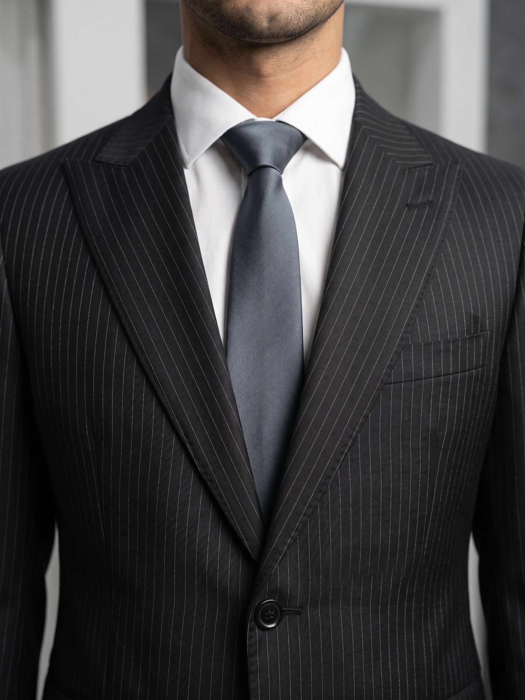 Costume Poliviscose Lapela de Bico Italiano Preto Risca de Giz