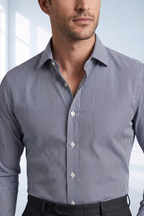 Camisa Social Masculina Azul Risca de Giz Branco