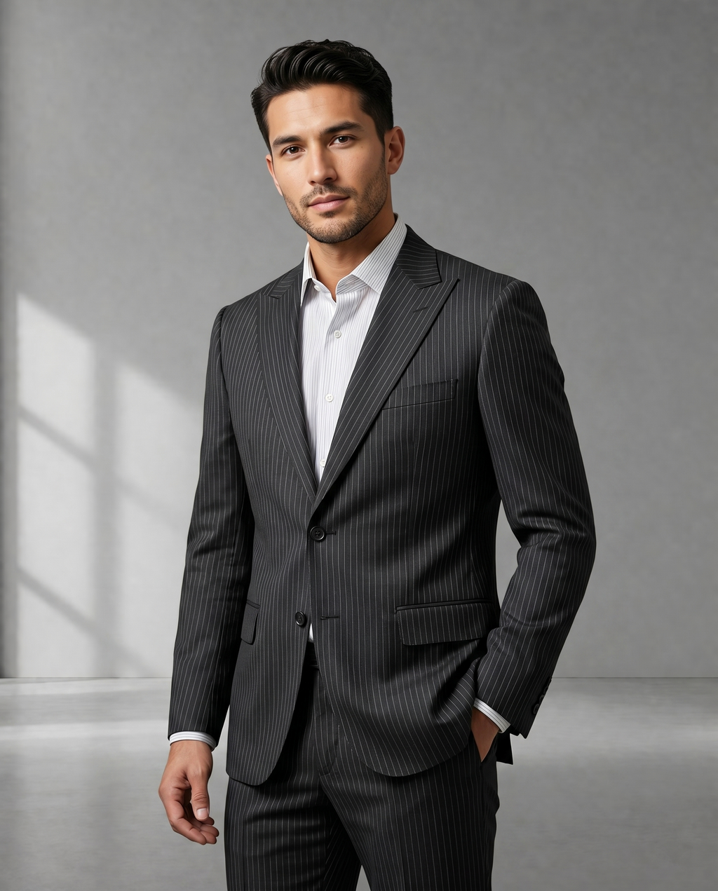 Costume Poliviscose Lapela de Bico Italiano Preto Risca de Giz