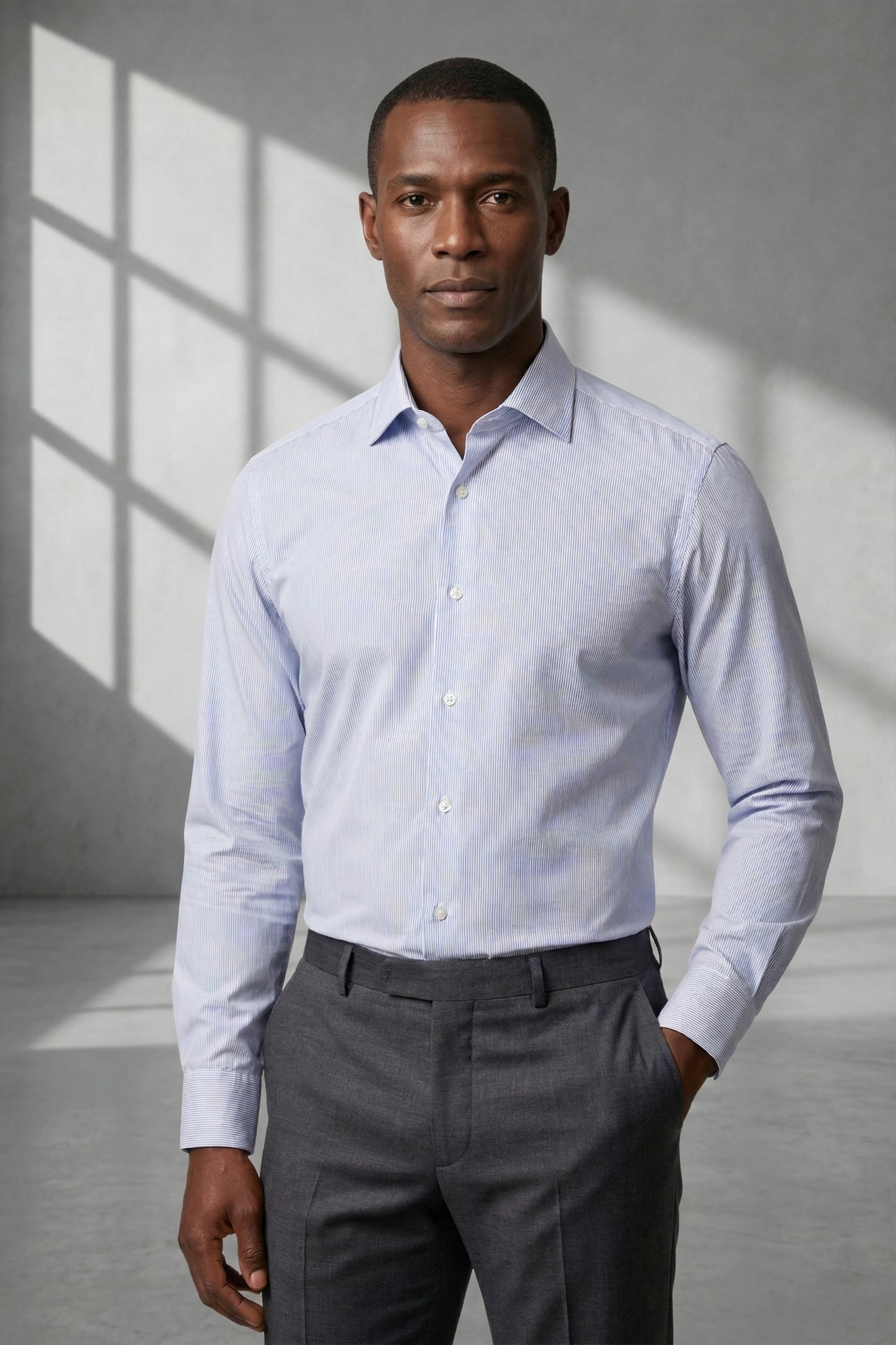 Camisa Social Masculina Risca de Giz em Azul