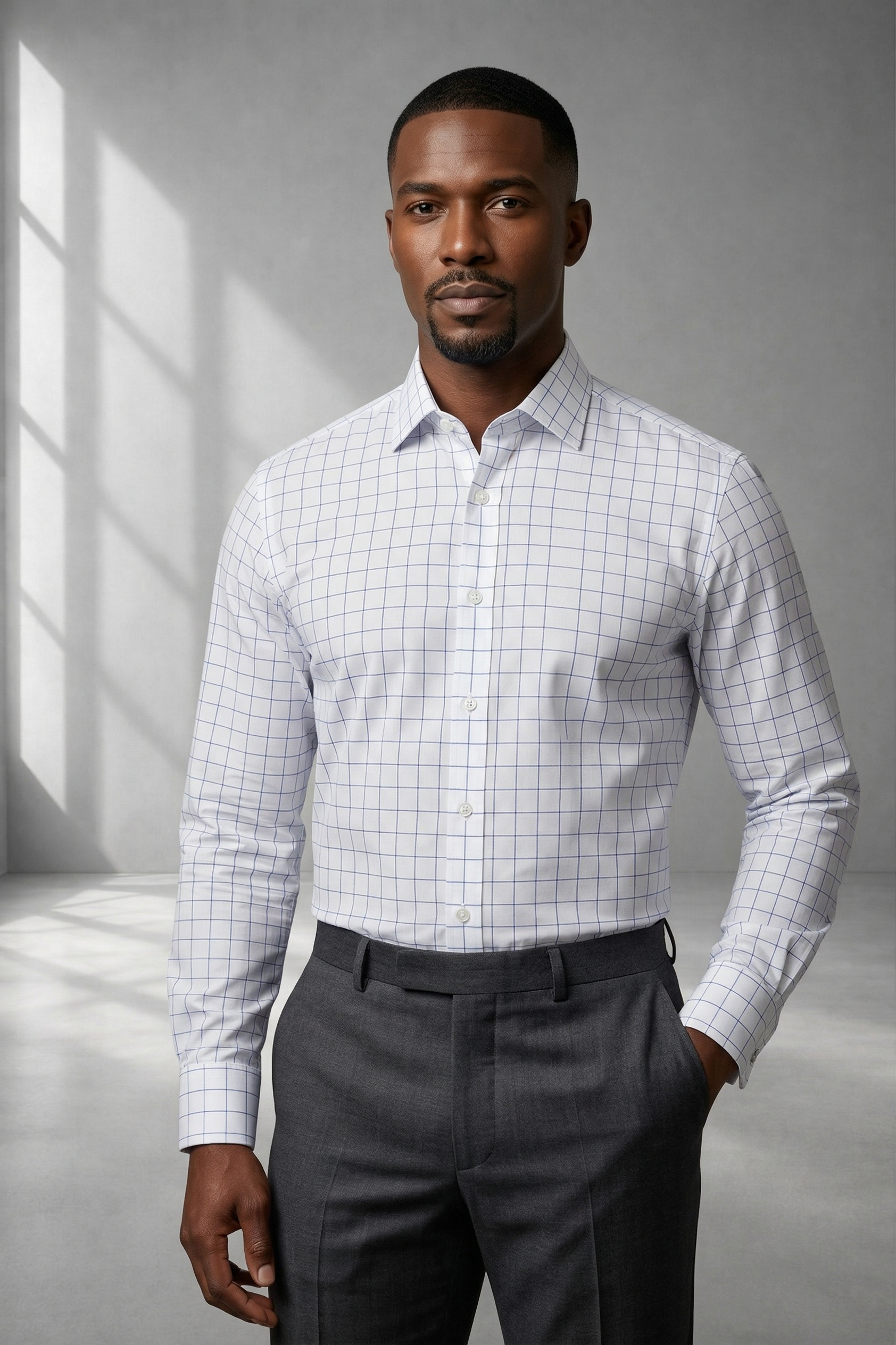 Camisa Social Masculina Quadrile Branca com Azul