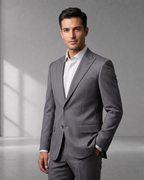 Costume Poliviscose Lapela de Bico Italiano Cinza Claro Risca de Giz