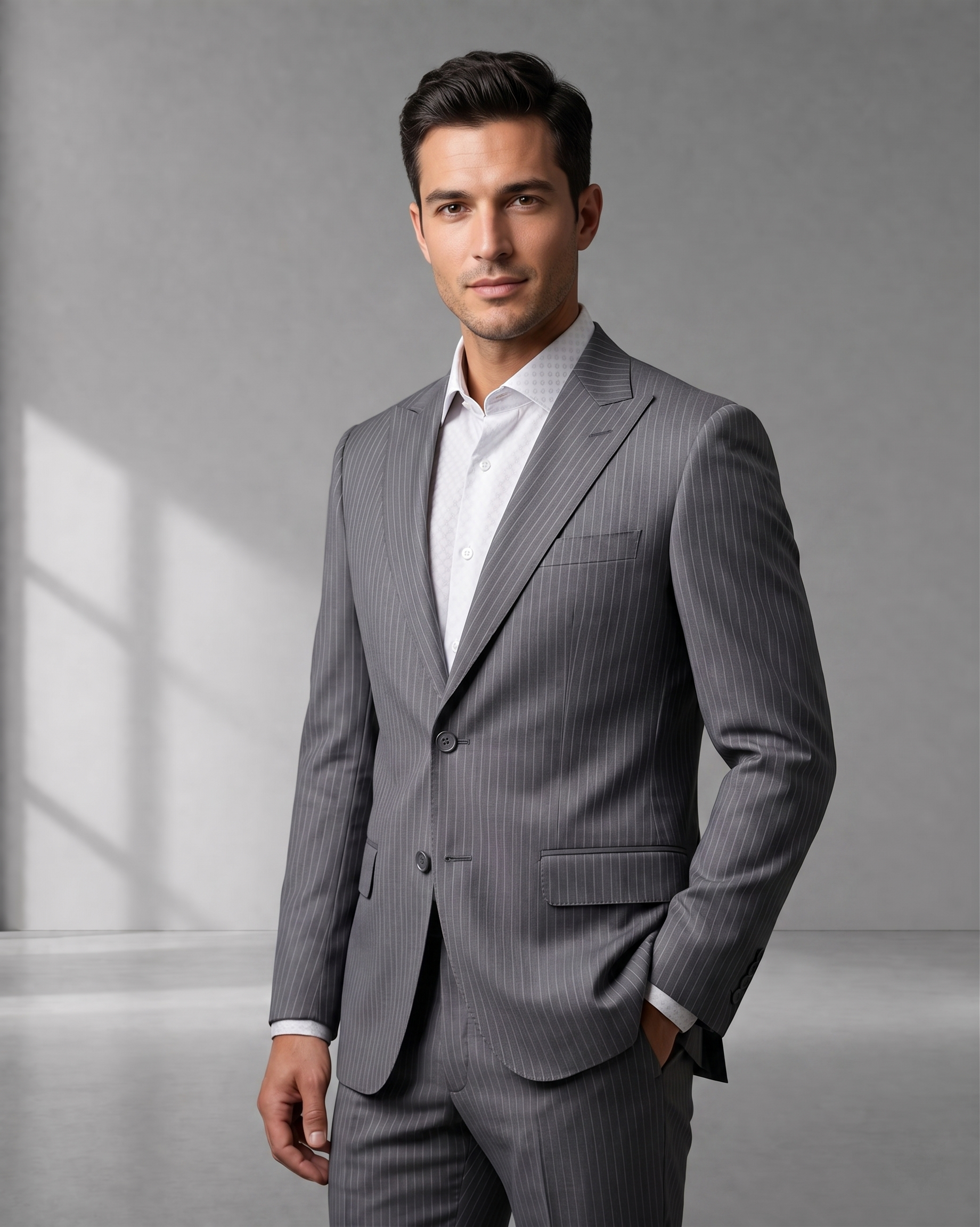 Costume Poliviscose Lapela de Bico Italiano Cinza Claro Risca de Giz
