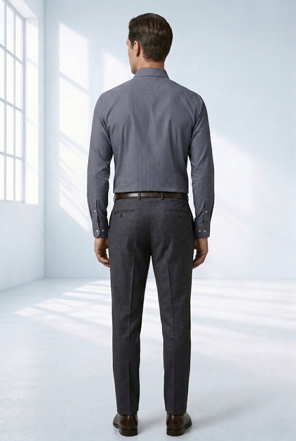 Camisa Social Masculina Azul Risca de Giz Branco