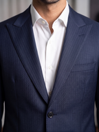 Costume Poliviscose Lapela de Bico Italiano Azul Marinho Risca de Giz