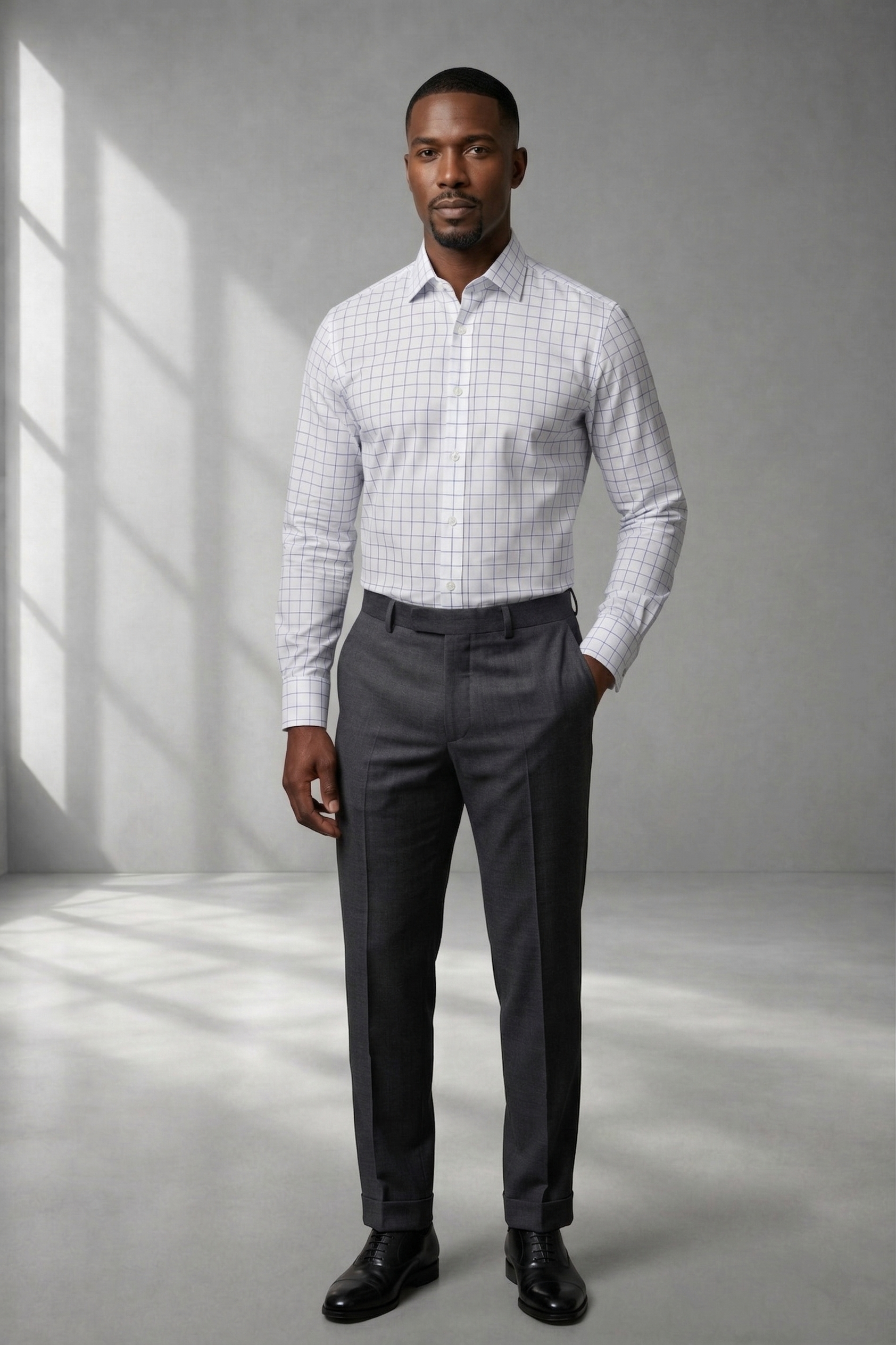 Camisa Social Masculina Quadrile Branca com Azul