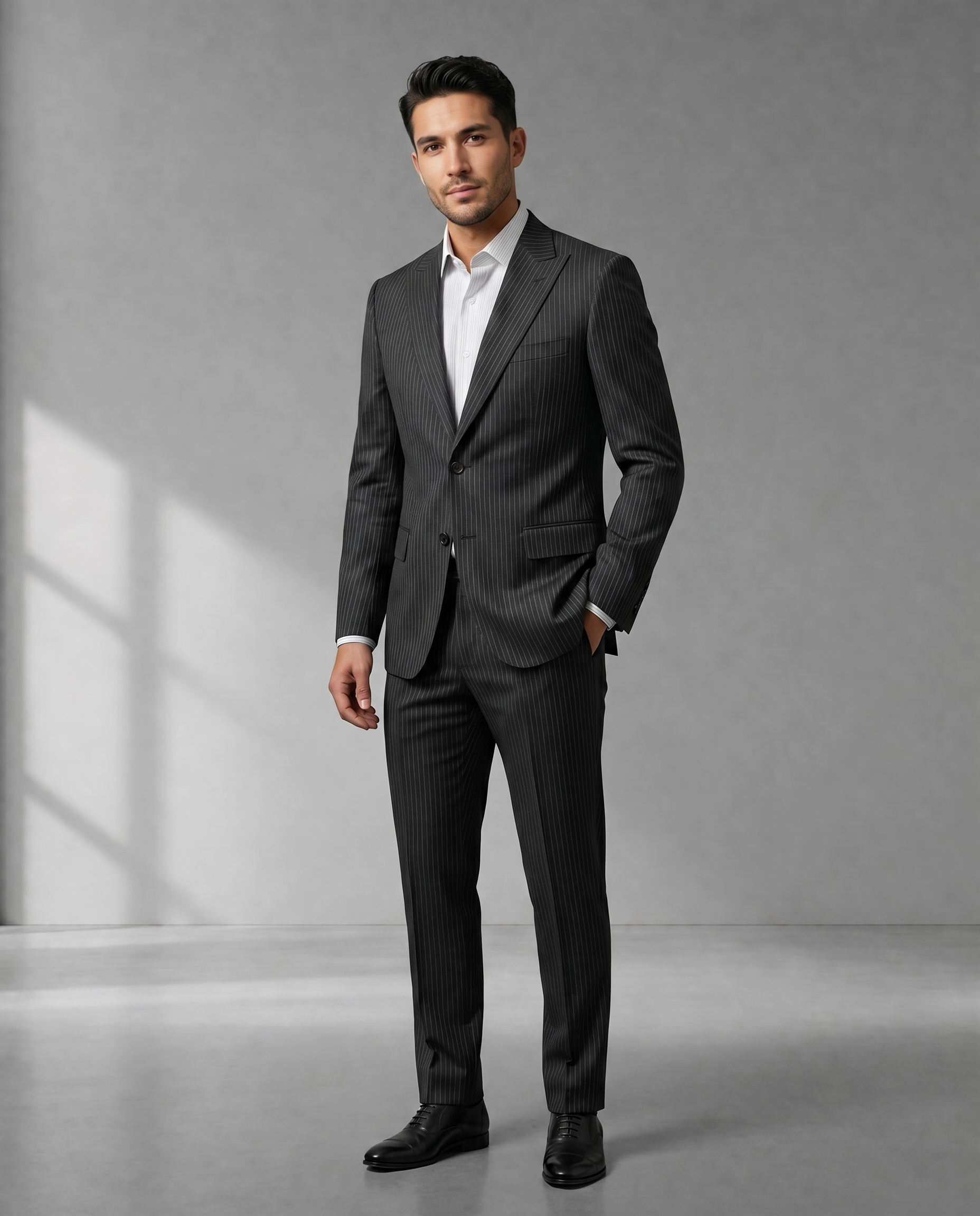 Costume Poliviscose Lapela de Bico Italiano Preto Risca de Giz