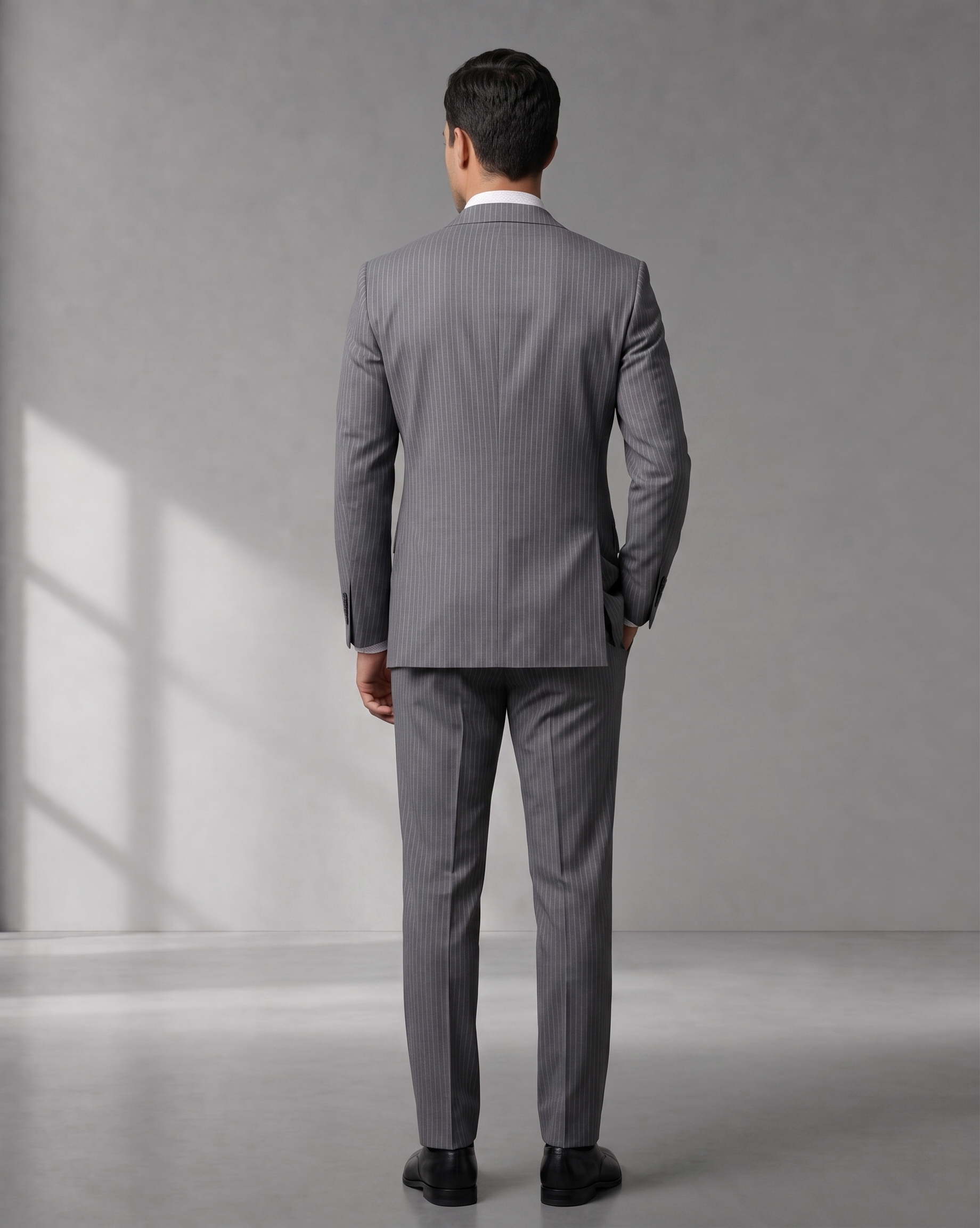 Costume Poliviscose Lapela de Bico Italiano Cinza Claro Risca de Giz