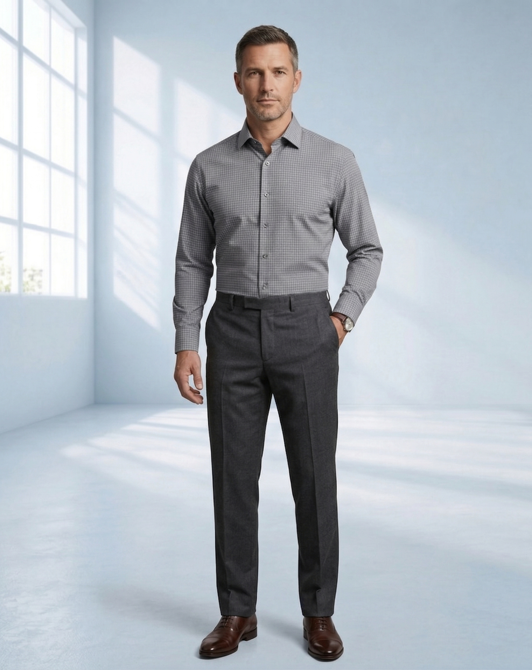 Camisa Social Masculina Cinza Xadrez