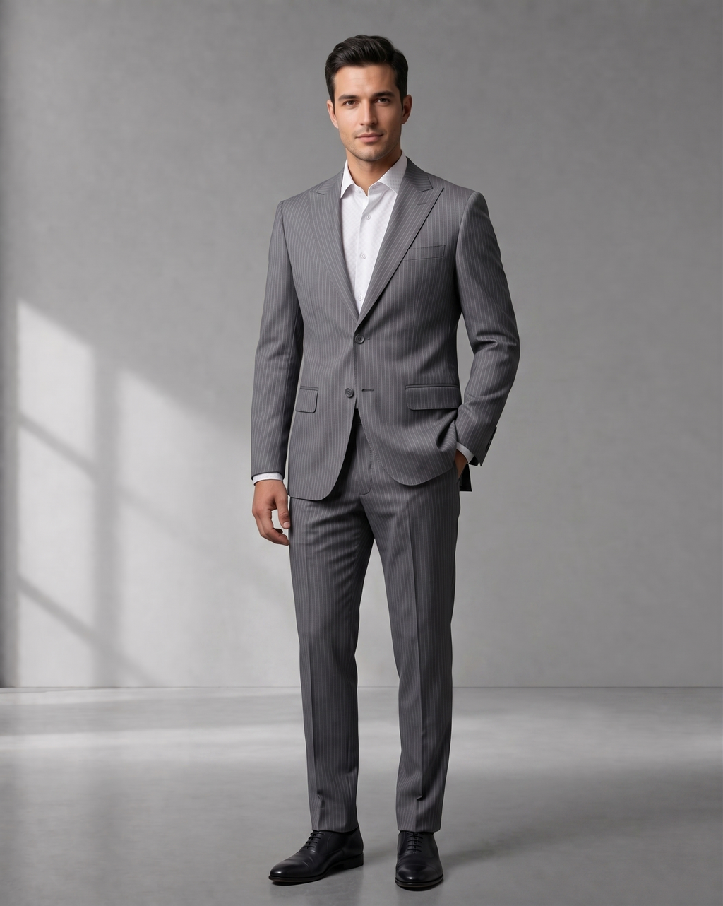 Costume Poliviscose Lapela de Bico Italiano Cinza Claro Risca de Giz