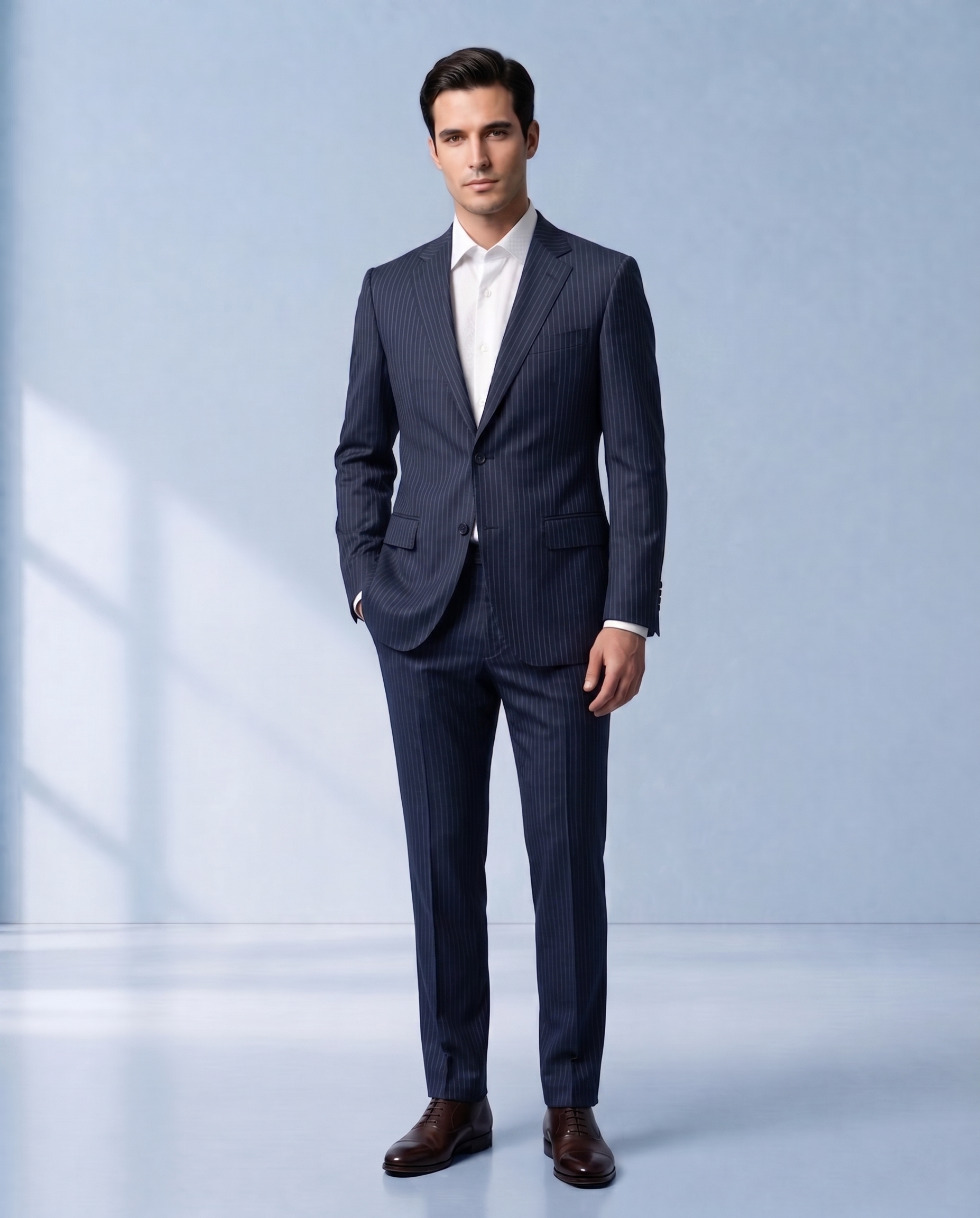 Costume Poliviscose Lapela de Bico Italiano Azul Marinho Risca de Giz