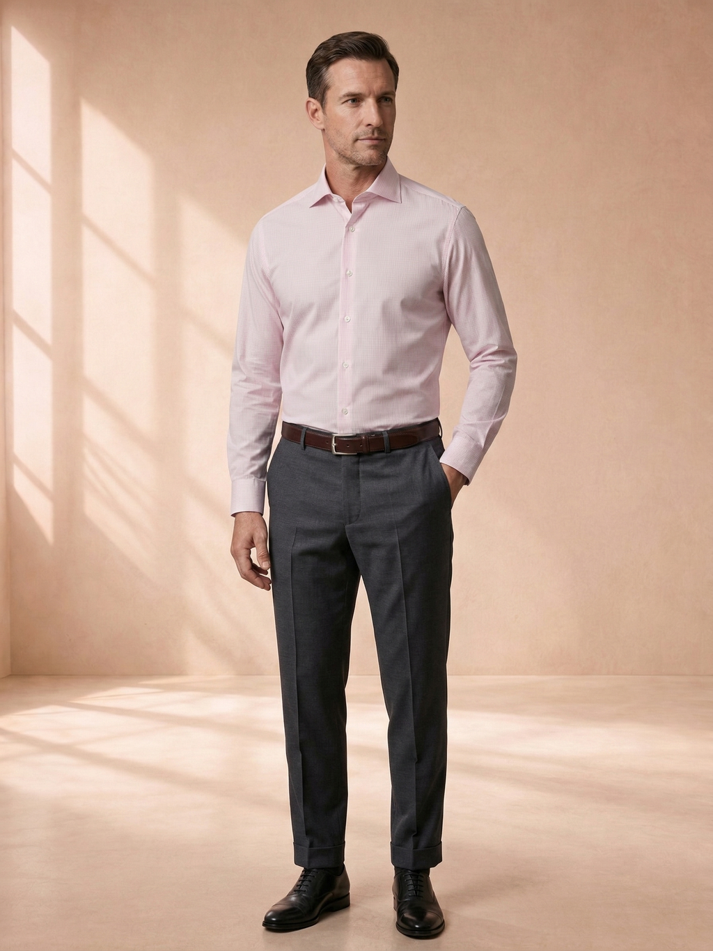 Camisa Social Masculina Rosa Bebê com Branco