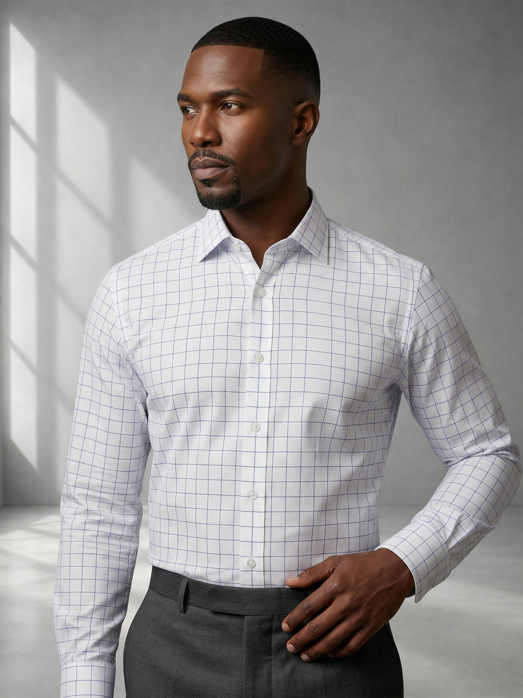 Camisa Social Masculina Quadrile Branca com Azul