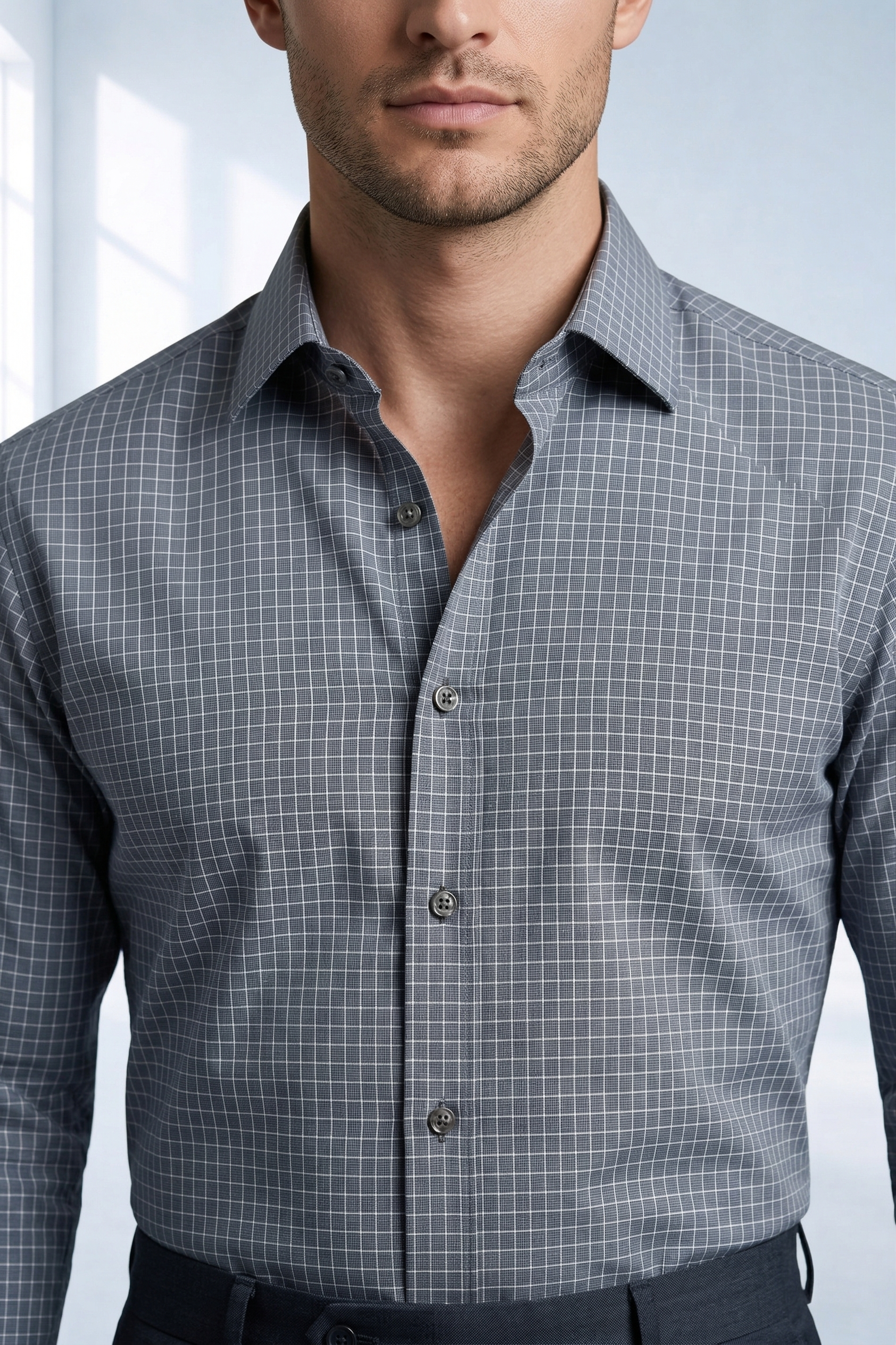 Camisa Social Masculina Cinza Xadrez