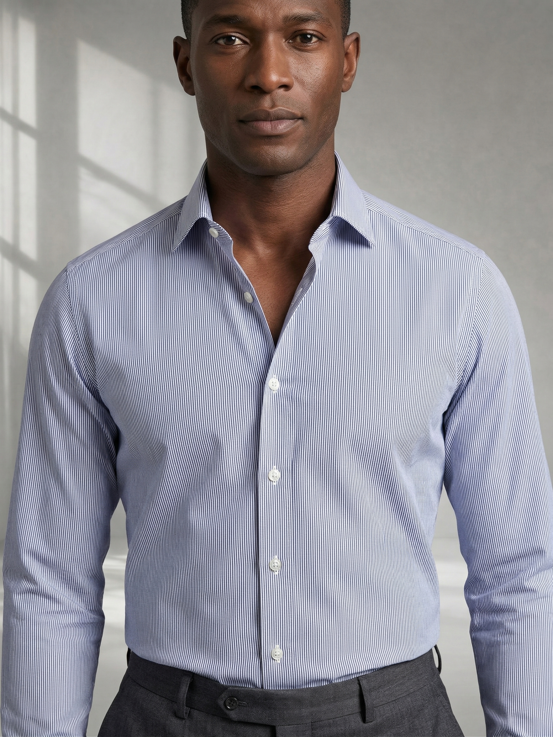 Camisa Social Masculina Risca de Giz em Azul
